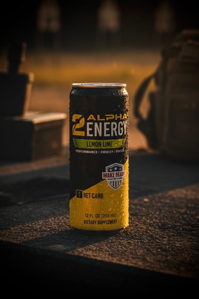 Alpha Energy drink can on shooting range at golden hour